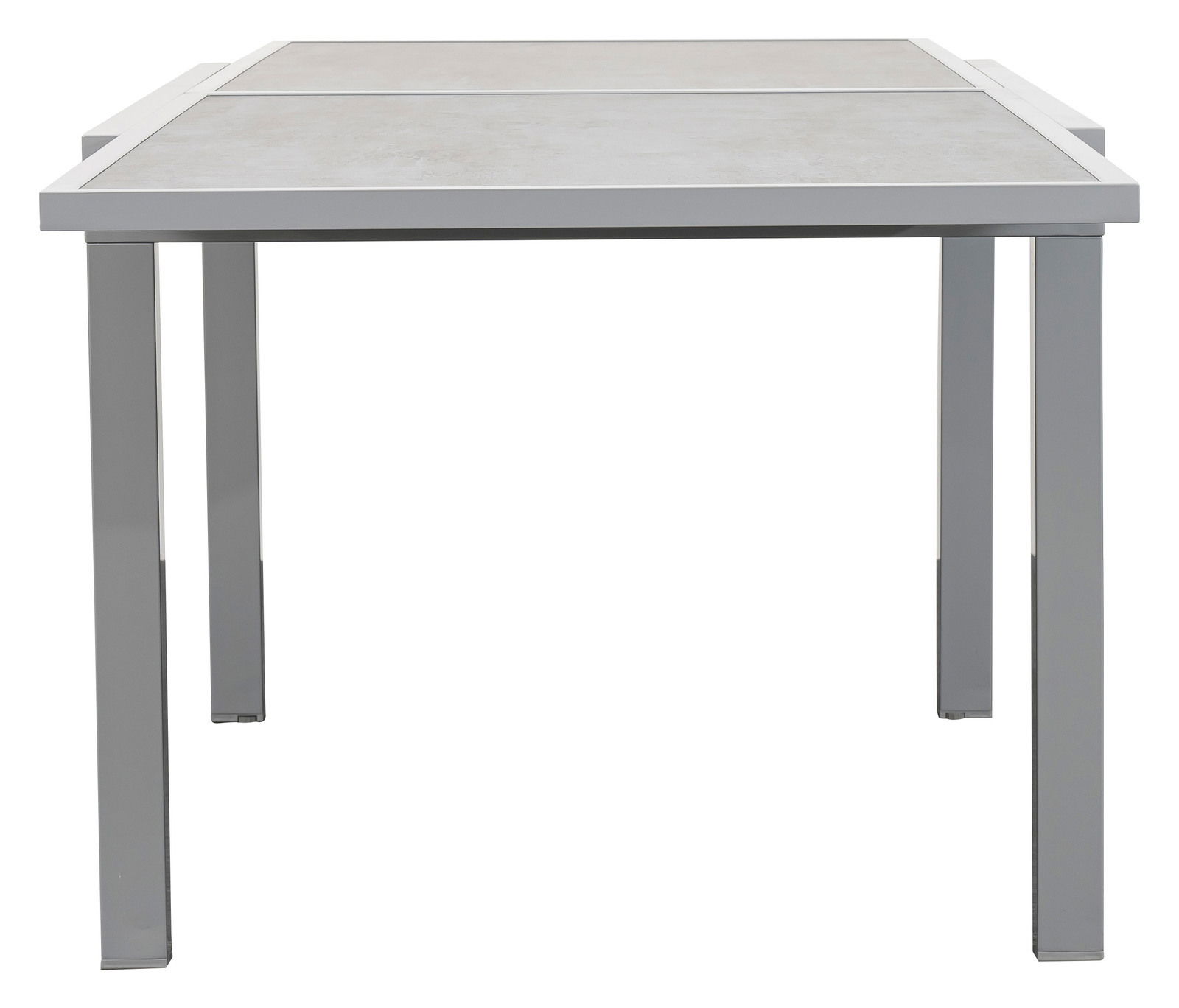 Moderner Gartentisch aus Metall mit rechteckiger Tischplatte, frontal fotografiert.