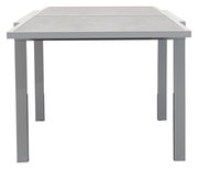 Moderner Gartentisch aus Metall mit rechteckiger Tischplatte, frontal fotografiert.