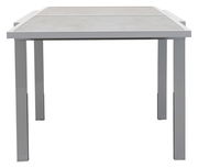 Moderner Gartentisch aus Metall mit rechteckiger Tischplatte, frontal fotografiert.