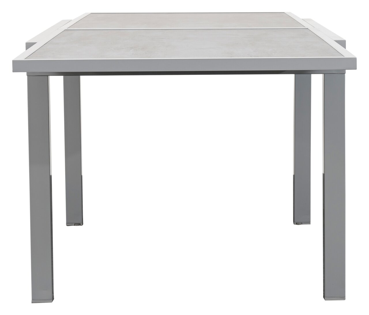 Moderne metalen tuintafel met rechthoekig tafelblad, gefotografeerd van voren.