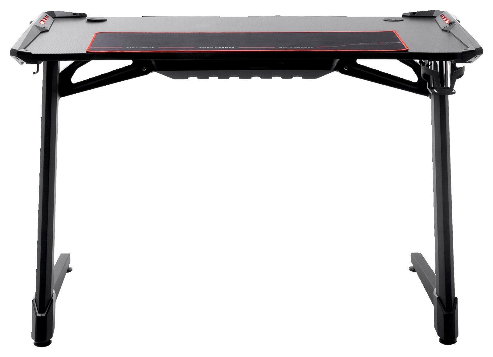 Frontansicht eines modernen Gaming-Tisches mit schwarzer Oberfläche und roten Akzenten, stabilen Beinen und ergonomischem Design.