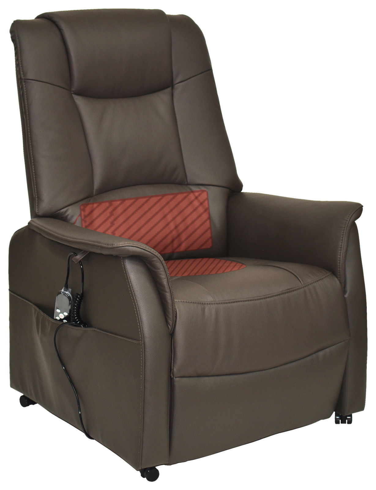 Bequemer brauner Fernsehsessel mit rotem Kissen und Fernbedienung, seitliche Perspektive