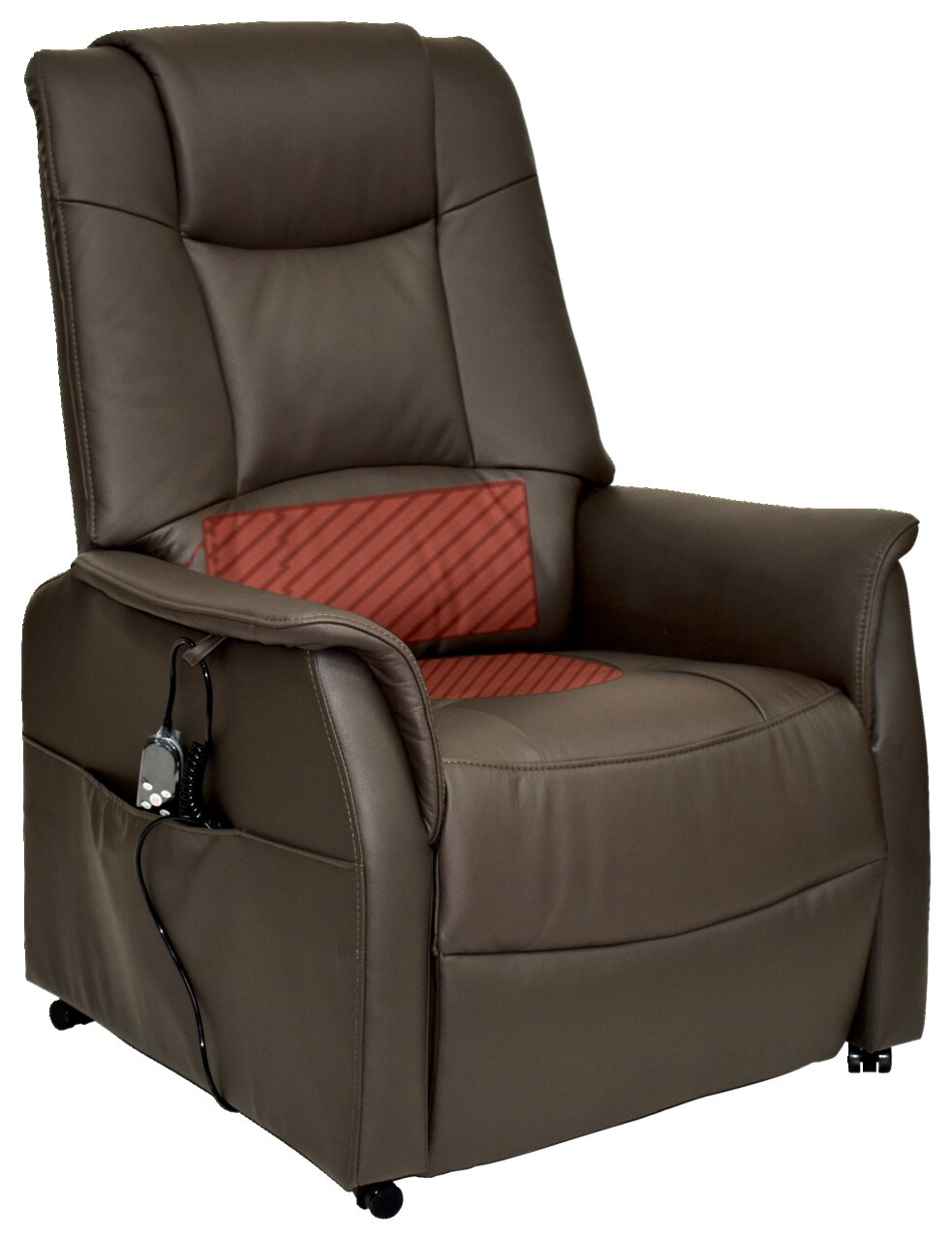 Bequemer brauner Fernsehsessel mit rotem Kissen und Fernbedienung, seitliche Perspektive