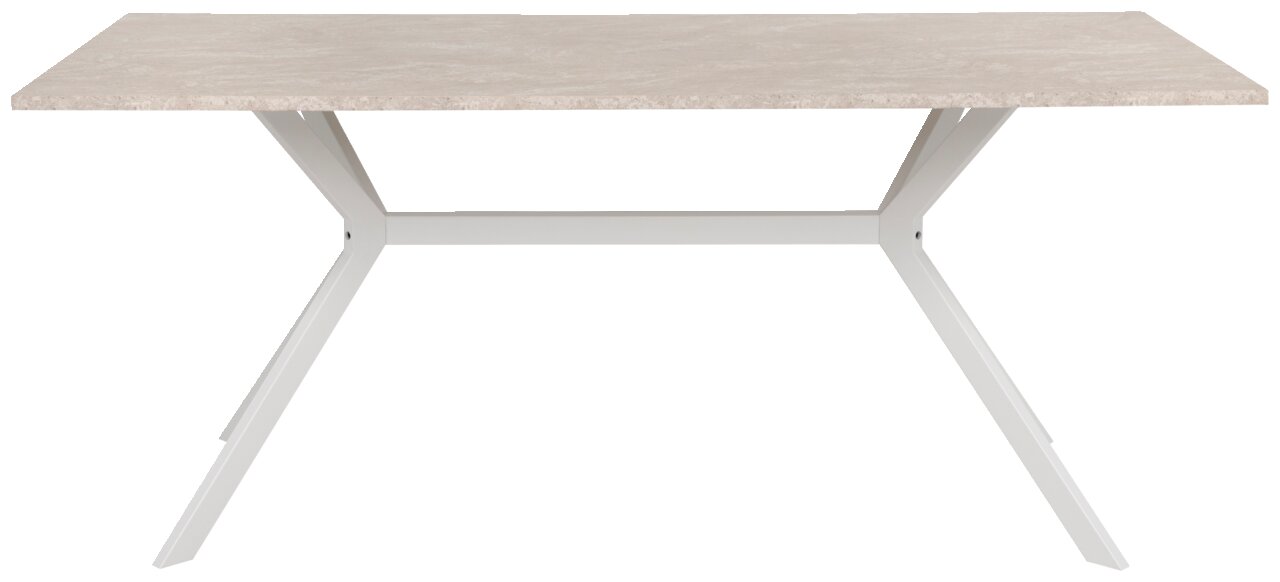 Moderner Esstisch mit heller Tischplatte und weißen Metallbeinen, seitliche Perspektive
