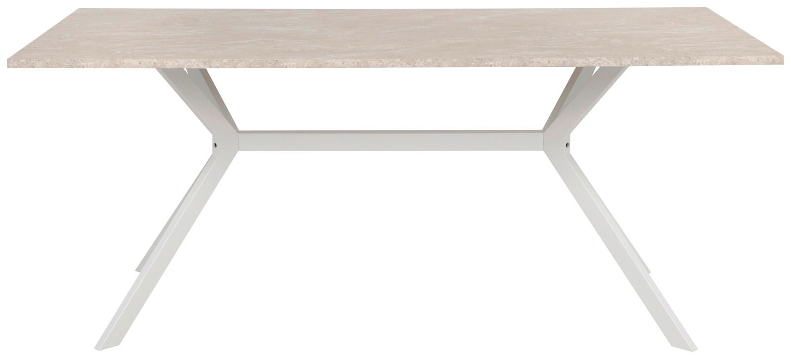 Moderner Esstisch mit heller Tischplatte und weißen Metallbeinen, seitliche Perspektive