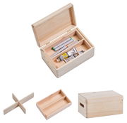 Holz-Allzweckkiste mit Deckel, geöffnet und gefüllt mit Stiften und Tuben, aus verschiedenen Perspektiven gezeigt.