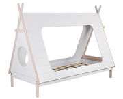 Weißes Kinderbett in Zeltform mit seitlichem Rundfenster, seitliche Perspektive