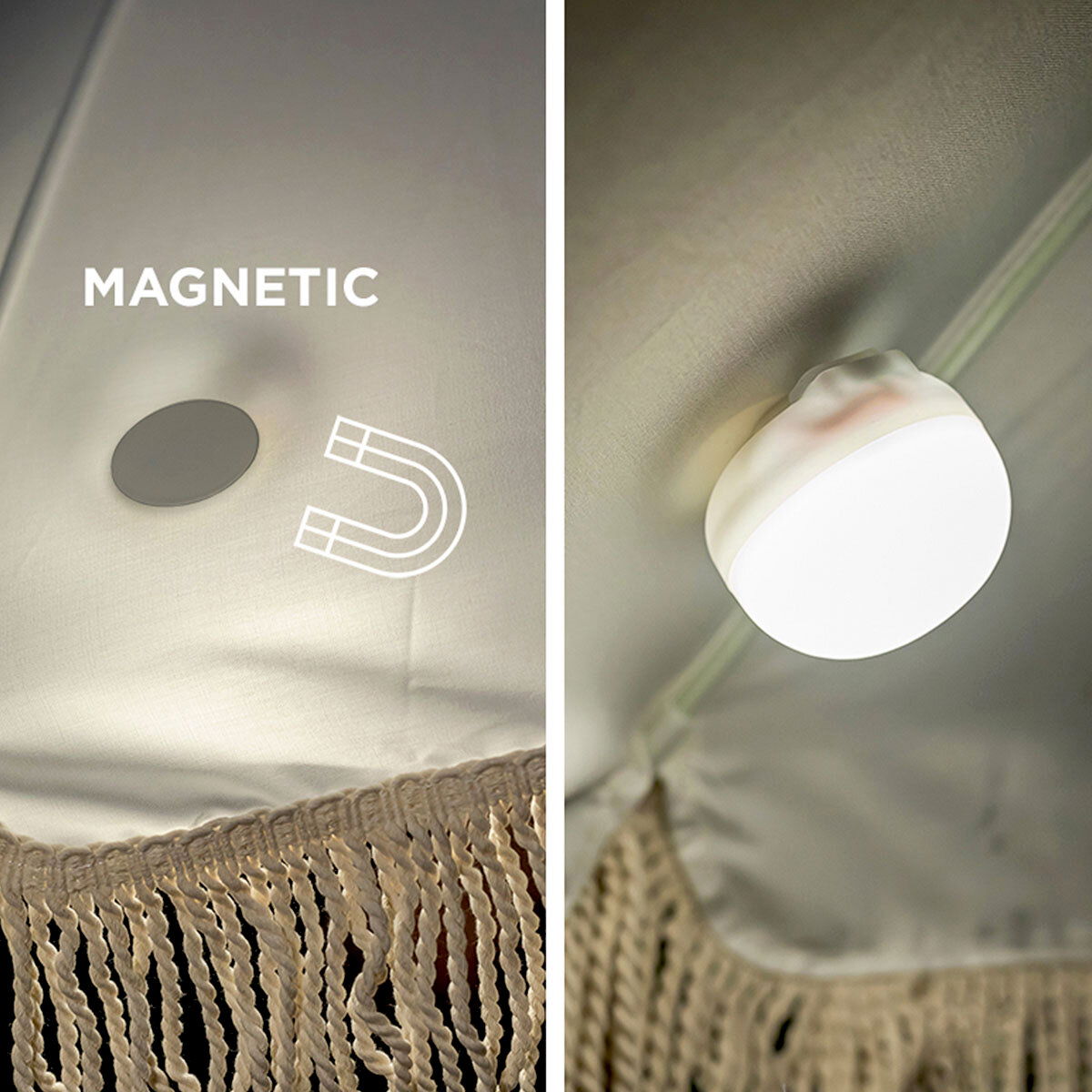 Nahaufnahme aus leicht seitlicher Perspektive: runde, magnetische LED-Zeltlampe in Weiß, an der Innenwand eines Zelts befestigt, mit sichtbarem Magnet-Symbol und Stoffstruktur.