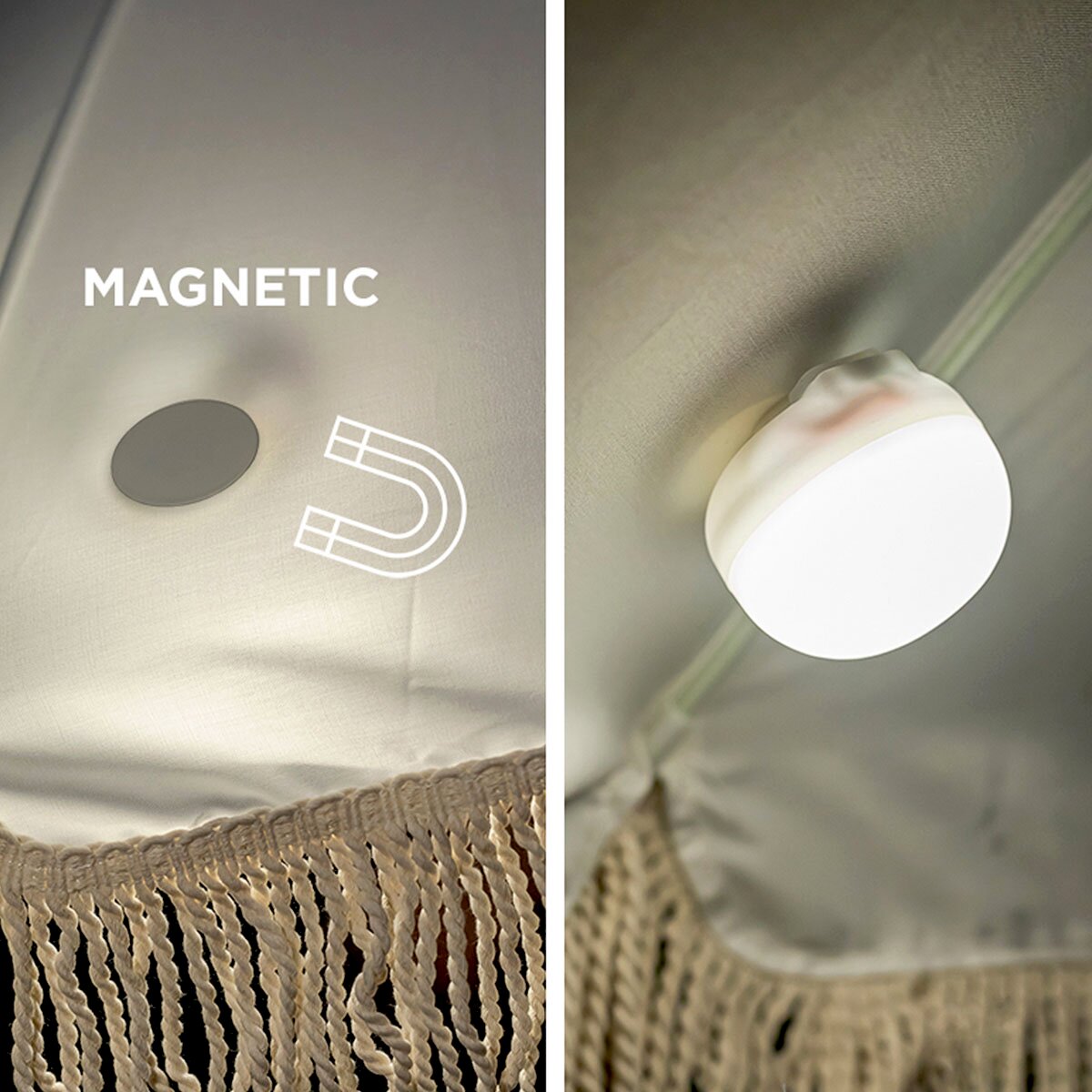 Close-up vanuit een licht zijdelings perspectief: ronde, magnetische LED-tentlamp in wit, bevestigd aan de binnenwand van een tent, met zichtbaar magneetsymbool en de structuur van de stof.