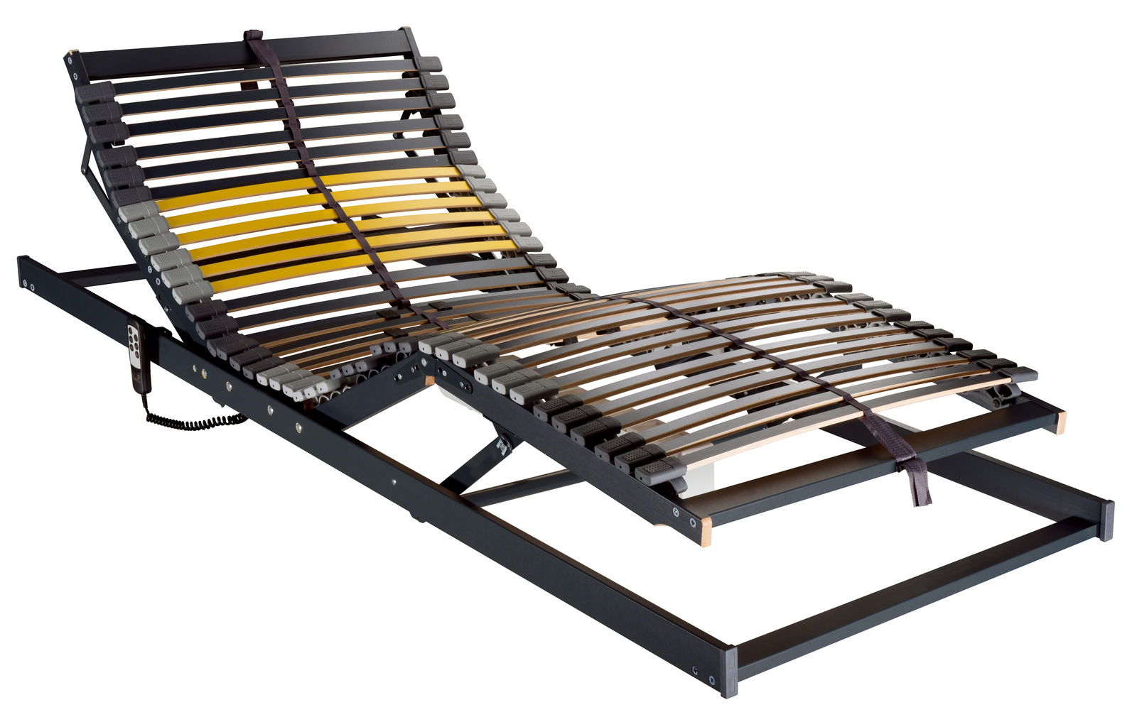 Elektrisch verstellbarer Federholzrahmen in seitlicher Perspektive mit Fernbedienung, 90x200 cm