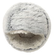 Rundes, flauschiges Haustierbett in Grau und Weiß, von oben betrachtet.