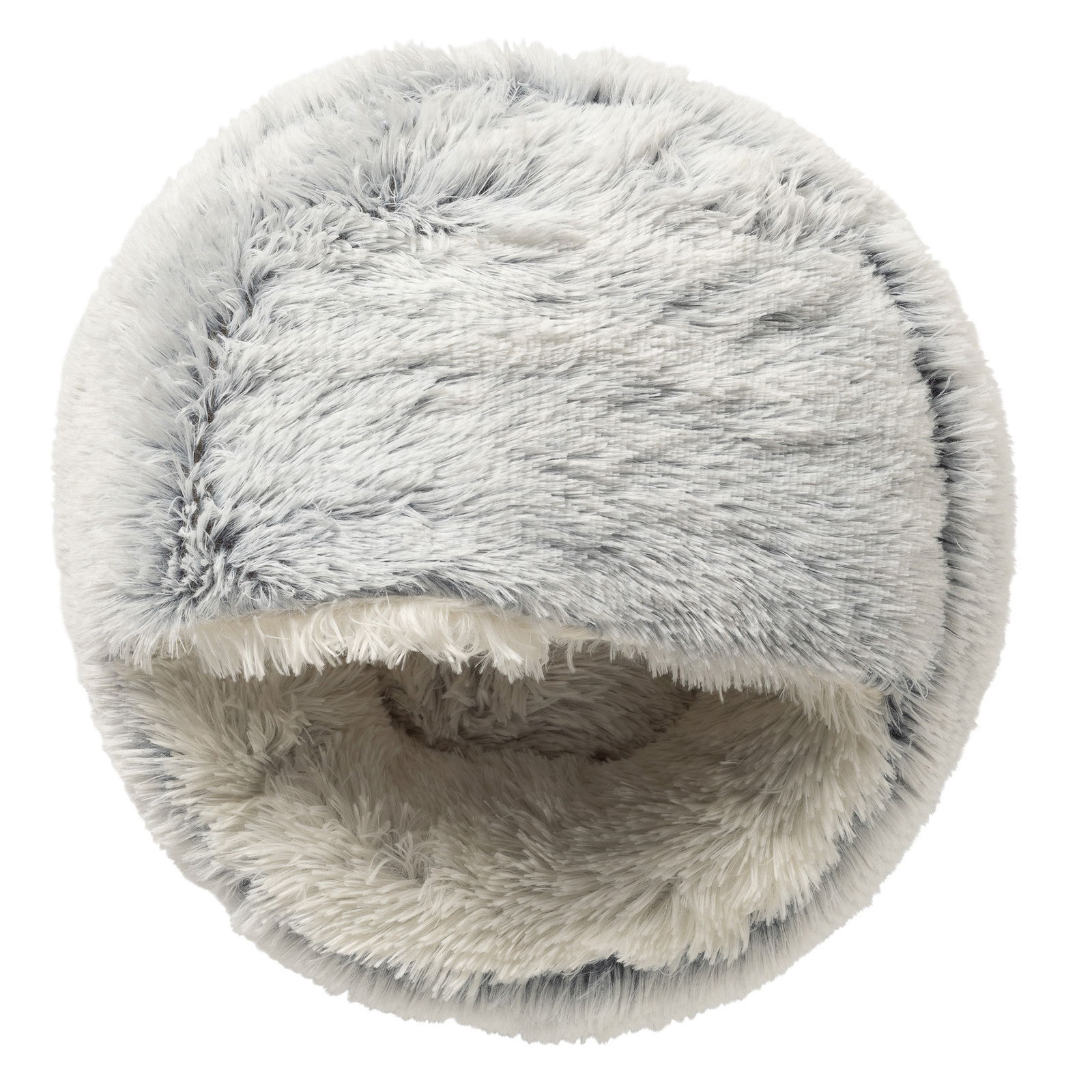 Rundes, flauschiges Haustierbett in Grau und Weiß, von oben betrachtet.