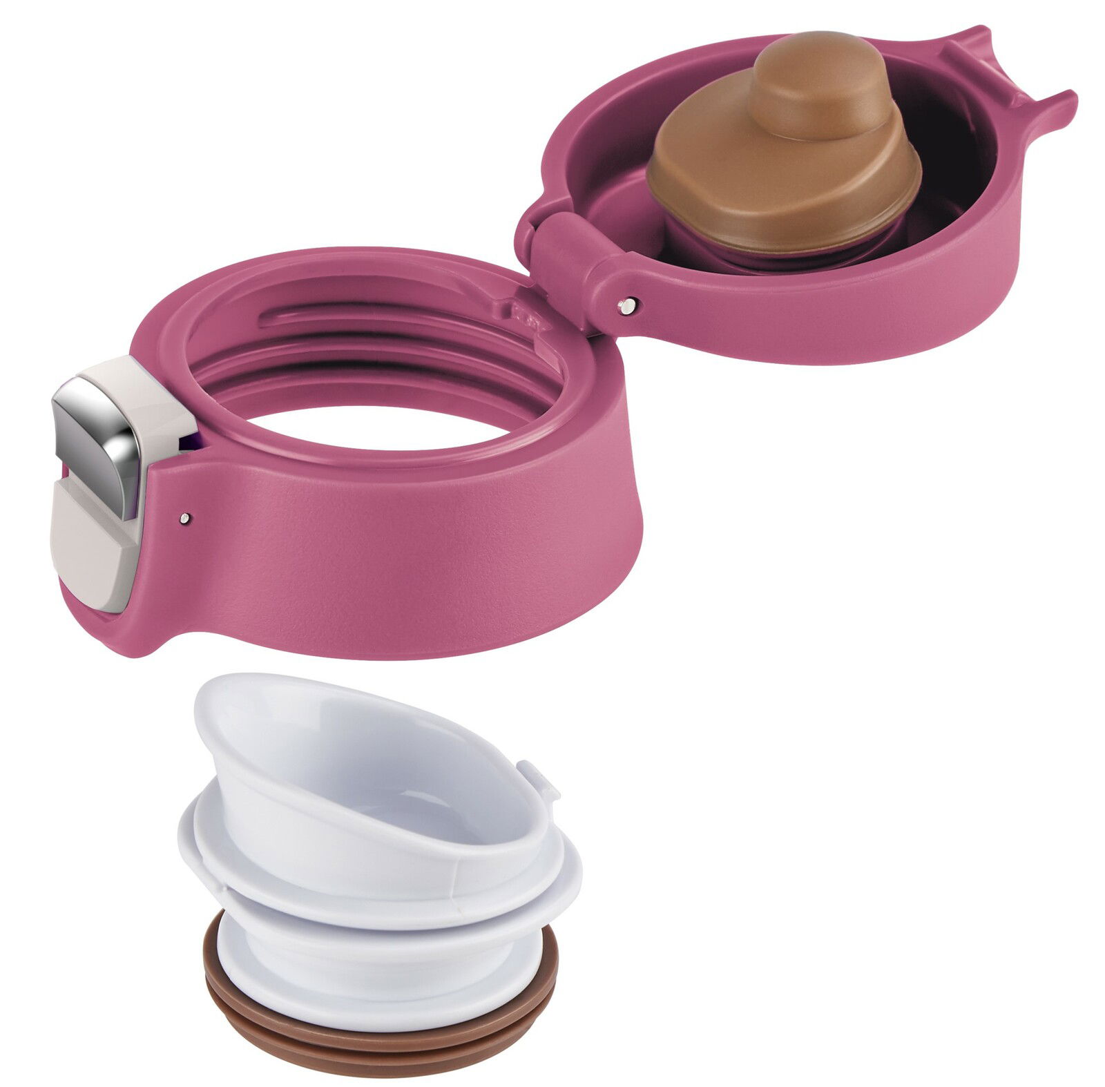 Rosa Tassenverschluss mit geöffnetem Deckel und weißem Einsatz, seitliche Perspektive