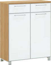 Moderner Schuhschrank aus der Serie SANTINA von VOSS mit weißer Front und Holzoptik, seitliche Perspektive