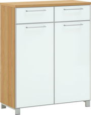 Moderner Schuhschrank aus der Serie SANTINA von VOSS mit weißer Front und Holzoptik, seitliche Perspektive