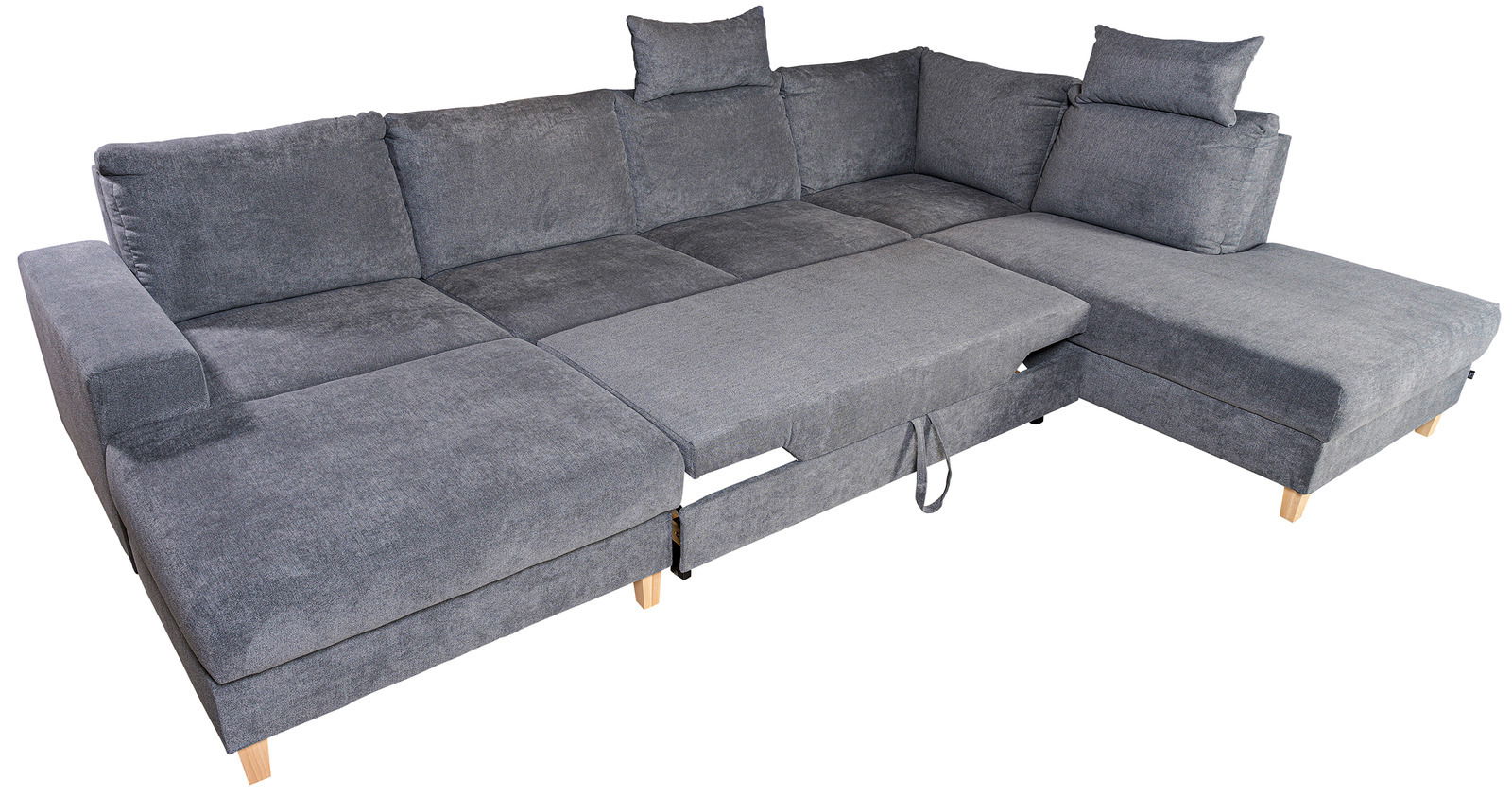 Graue Wohnlandschaft ANABELLE mit ausziehbarer Liegefläche, Perspektive von schräg oben.