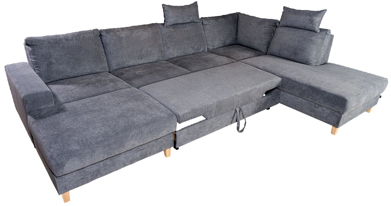 Graue Wohnlandschaft ANABELLE mit ausziehbarer Liegefläche, Perspektive von schräg oben.