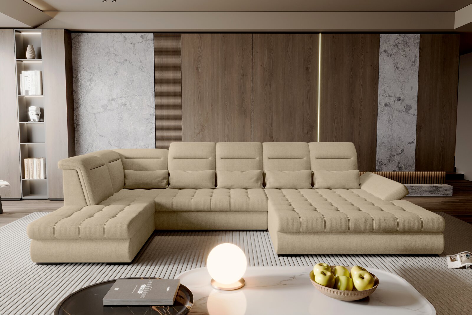 Beiges, modernes U-förmiges XXL-Polstersofa mit gesteppter Sitzfläche und verstellbaren Kopfstützen im Wohnzimmer, Frontansicht aus leicht erhöhter Perspektive.
