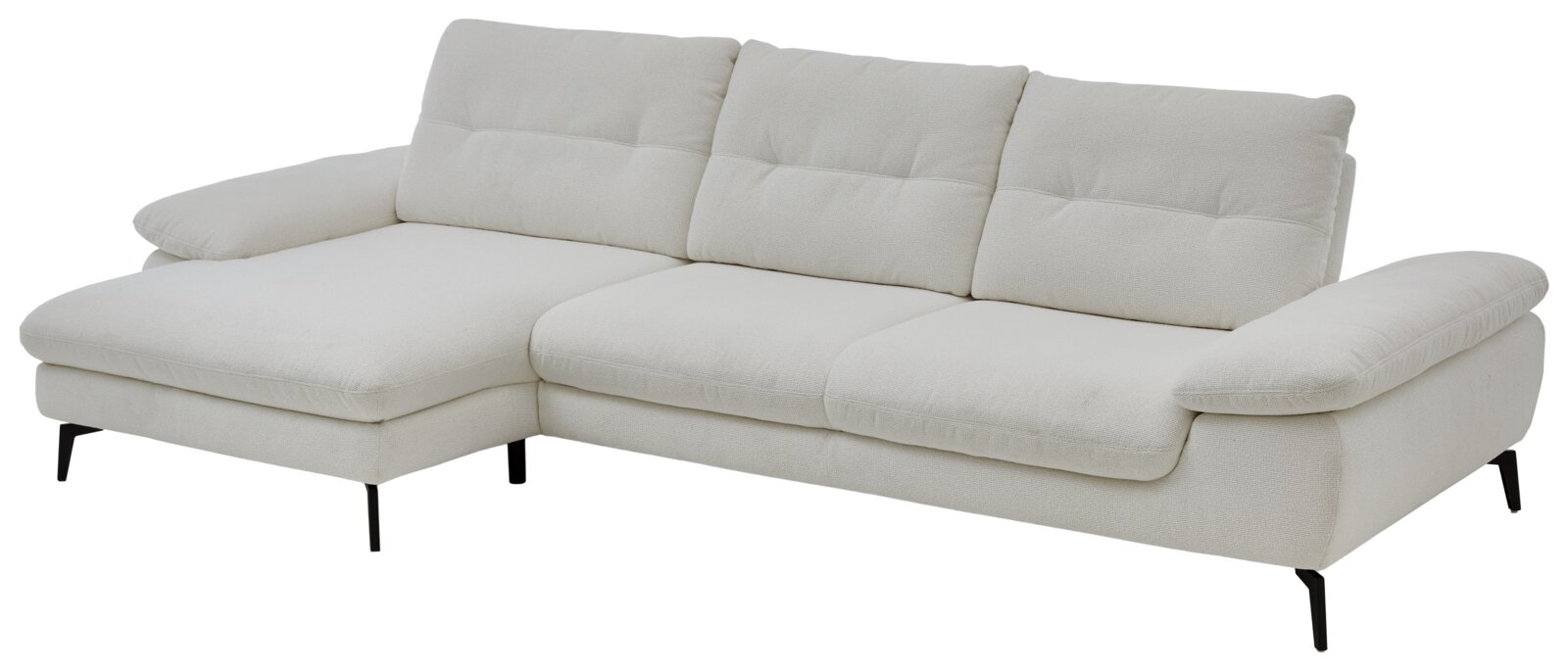 Beige Longchairkombination mit drei Rückenkissen und schwarzen Beinen, seitliche Perspektive