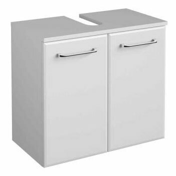 XORA Waschbeckenunterschrank FILO Weißer Waschbeckenunterschrank mit zwei Türen und silbernen Griffen, frontal betrachtet.