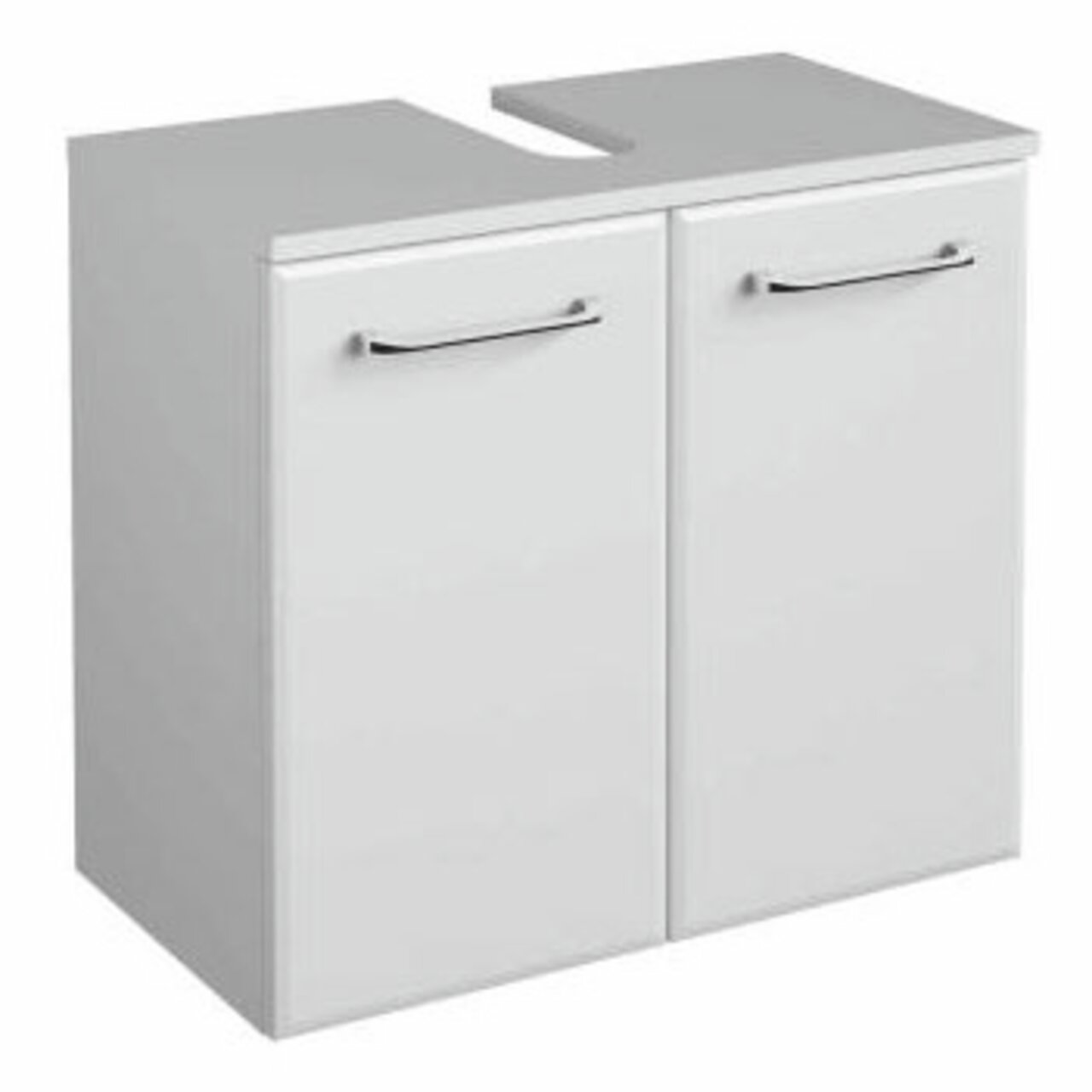 XORA Waschbeckenunterschrank FILO Weißer Waschbeckenunterschrank mit zwei Türen und silbernen Griffen, frontal betrachtet.