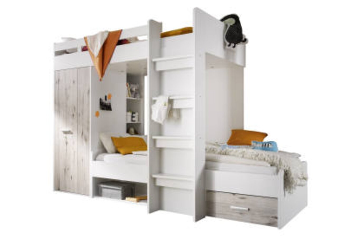 Hochbett mit integriertem Schrank und Regalen, weiße und holzfarbene Elemente, seitliche Leiter, Perspektive von vorne