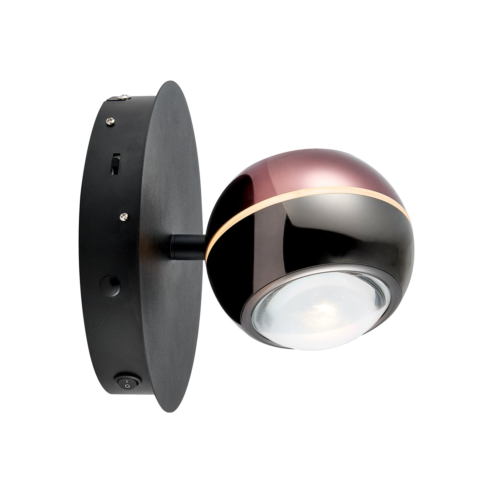Dieter Knoll LED-Wandleuchte Moderne LED-Wandleuchte mit kugelförmigem Schirm in Schwarz/Bordeaux und goldfarbenem Zierband, matt schwarze runde Wandhalterung mit Schalter, Seitenansicht leicht von vorn vor weißem Hintergrund