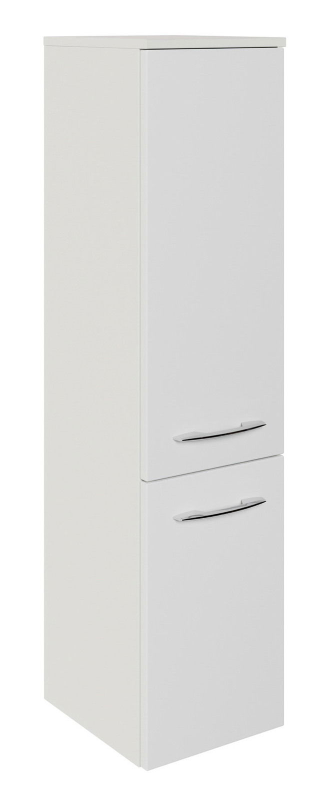 Sadena Midischrank PLAKA Weißer Midischrank mit zwei Türen und silbernen Griffen, seitliche Perspektive