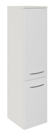 Weißer Midischrank mit zwei Türen und silbernen Griffen, seitliche Perspektive