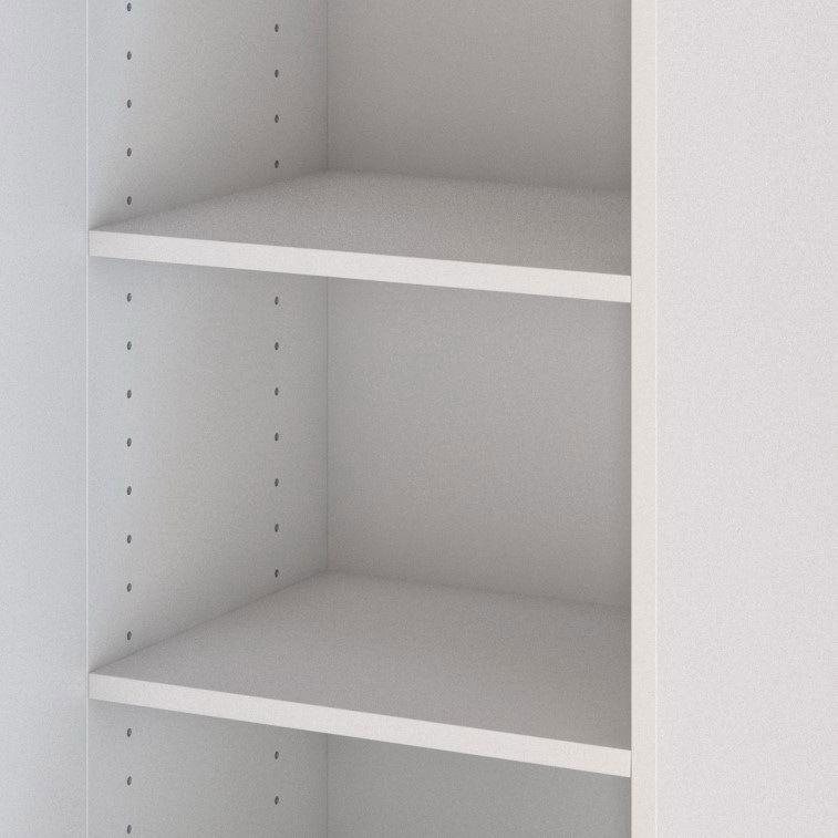 Weißer Hochschrank mit verstellbaren Einlegeböden, seitliche Perspektive
