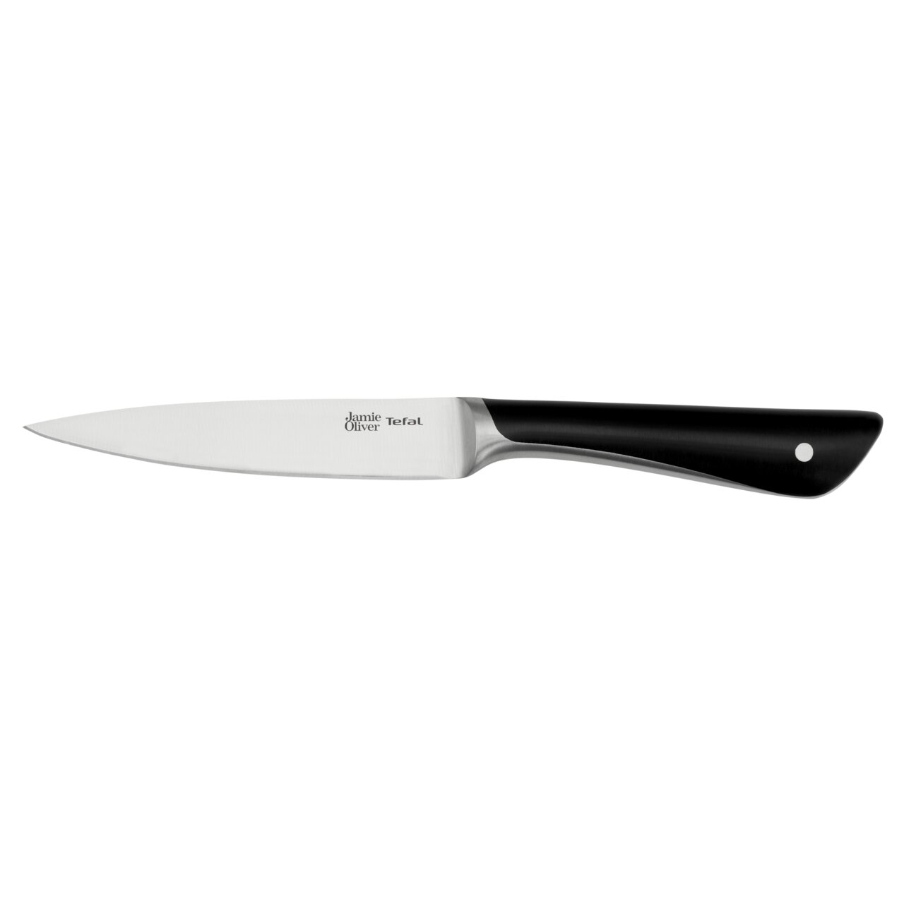 Küchenmesser mit schwarzem Griff und silberner Klinge, seitliche Ansicht
