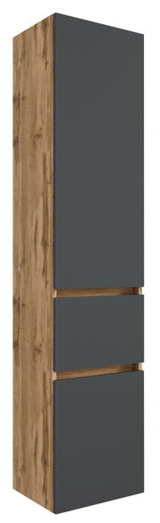 Hochschrank in Holzoptik mit dunklen Fronten, seitliche Perspektive