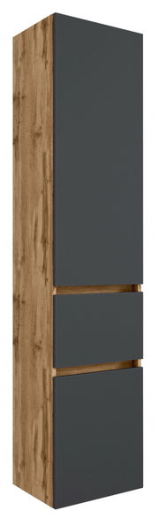 Hochschrank in Holzoptik mit dunklen Fronten, seitliche Perspektive