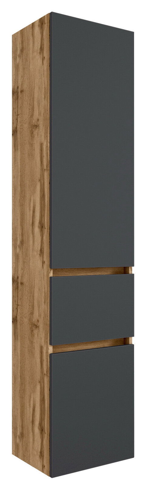 Hochschrank in Holzoptik mit dunklen Fronten, seitliche Perspektive