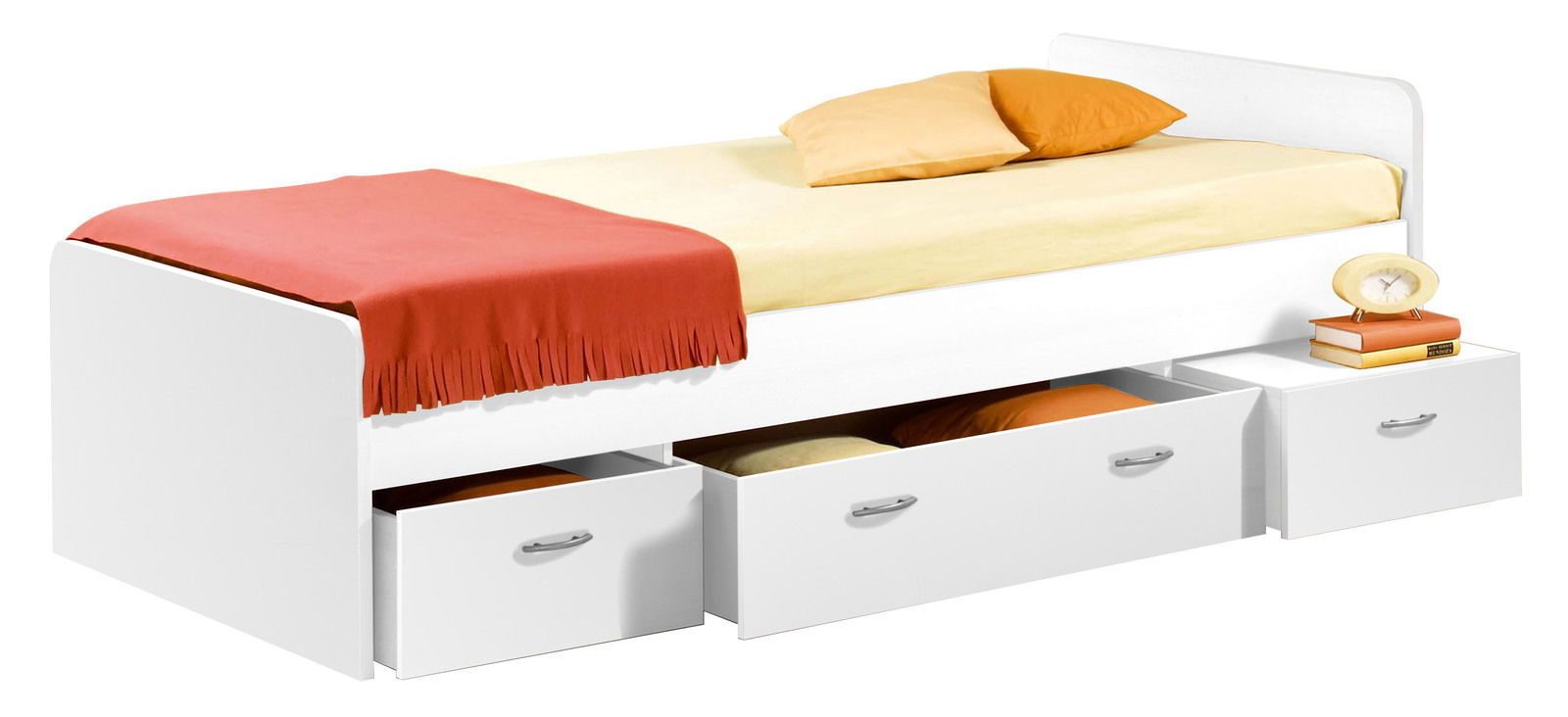 Weißes Jugendbett mit Stauraum, seitliche Perspektive, mit Schubladen und bunter Bettwäsche.