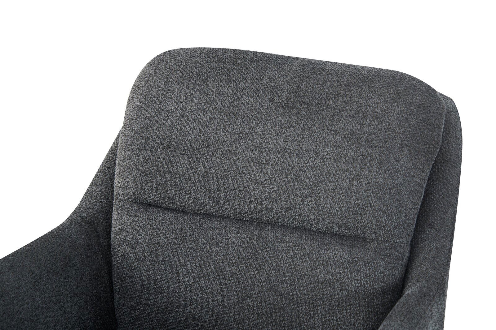 Nahaufnahme eines dunkelgrauen, stoffbezogenen Sessels mit gepolsterter Rückenlehne und Armlehne, schräg von vorne links fotografiert.