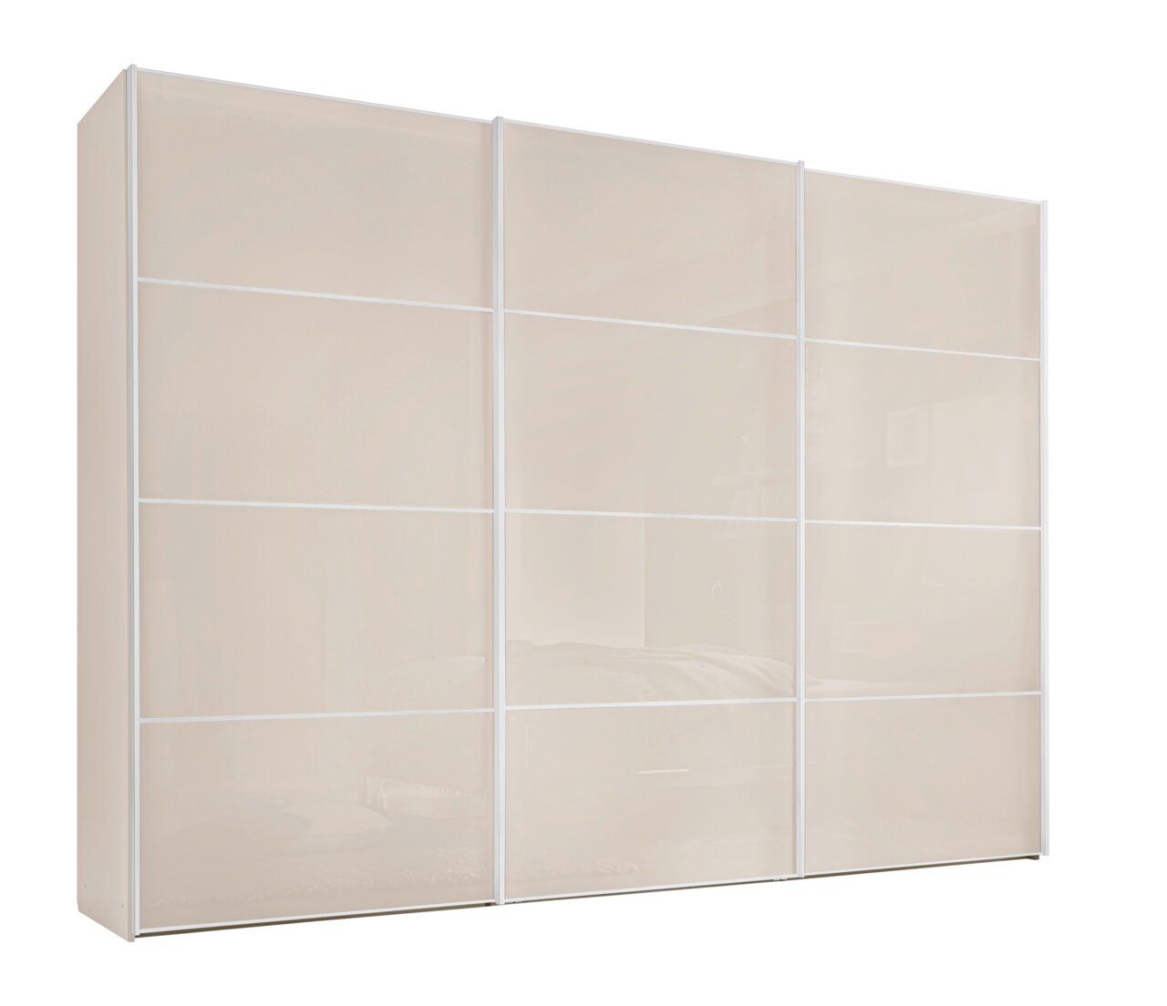 Moderner Schwebetürenschrank in heller Farbe, Frontalansicht