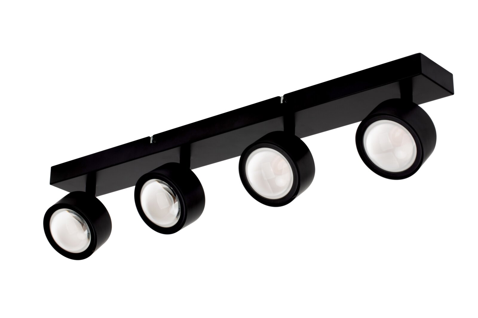 Zwarte led-spot met vier ronde lampen, zijaanzicht