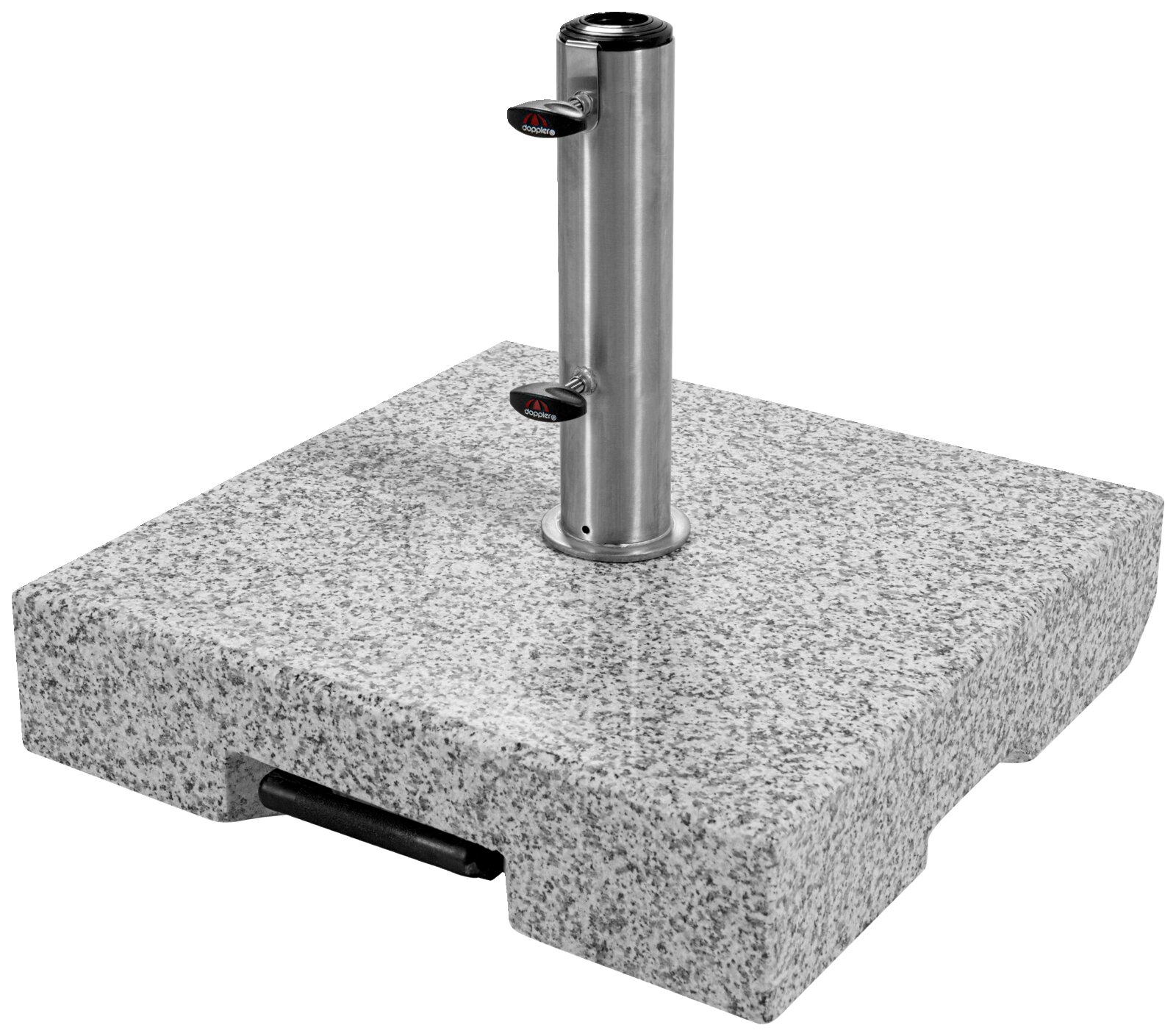 Granit-Sockel mit Edelstahlrohr, seitliche Perspektive