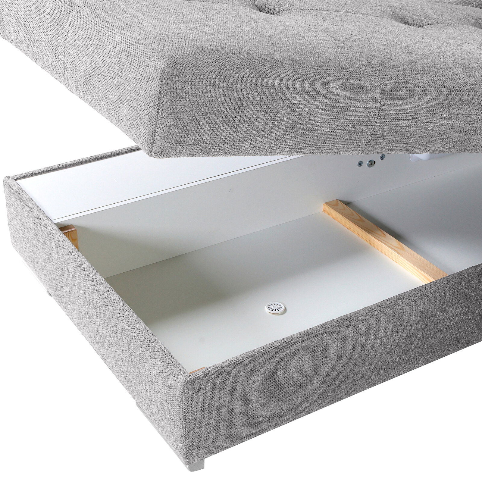 Graues Sofa mit Stauraum, geöffnete Ansicht von oben