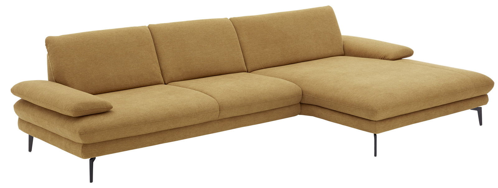 Braune Longchairkombination mit drei Sitzplätzen und einer Chaiselongue auf der rechten Seite, seitliche Perspektive.