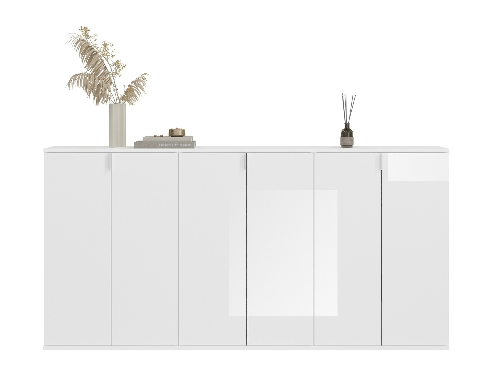 Weiße Garderobenkombination mit mehreren Türen, dekoriert mit einer Vase und einem Buch, frontal betrachtet.