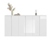 Weiße Garderobenkombination mit mehreren Türen, dekoriert mit einer Vase und einem Buch, frontal betrachtet.