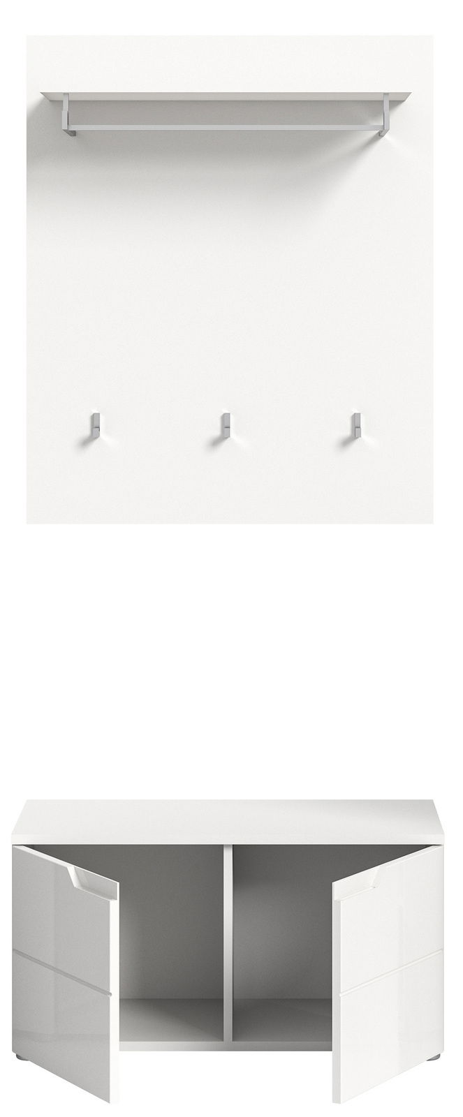 MID.YOU Garderobenkombination HILTON Weiße Garderobenkombination mit Wandregal, drei Haken und einem Unterschrank mit offenen Türen, Frontalansicht.