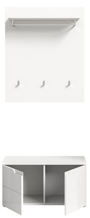 Weiße Garderobenkombination mit Wandregal, drei Haken und einem Unterschrank mit offenen Türen, Frontalansicht.