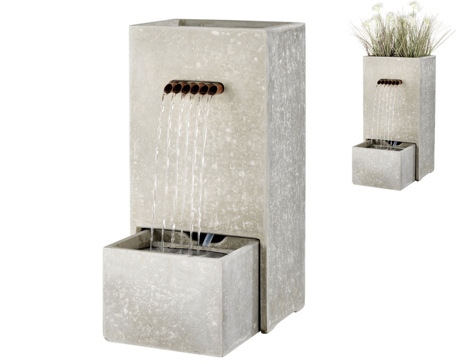 Lumineo Outdoor Brunnen Moderner rechteckiger Outdoor-Brunnen aus GRC mit mehreren Wasserstrahlen, seitliche Perspektive