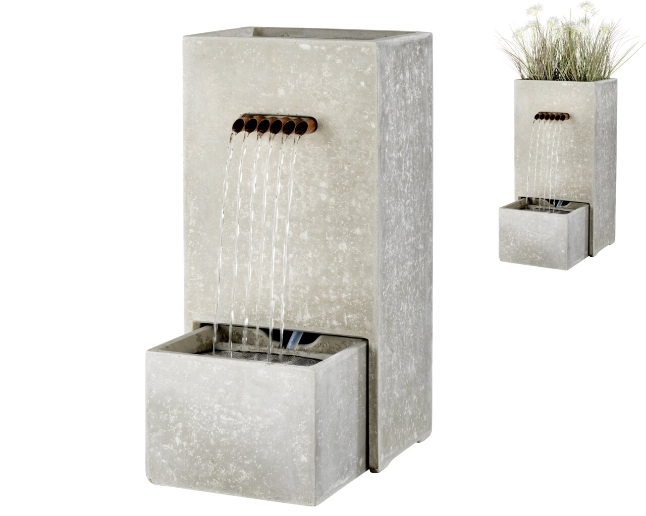 Lumineo Buitenfontein Moderner rechteckiger Outdoor-Brunnen aus GRC mit mehreren Wasserstrahlen, seitliche Perspektive