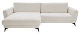Beige Longchairkombination mit linker Armlehne, moderne schwarze Beine, Frontalansicht.