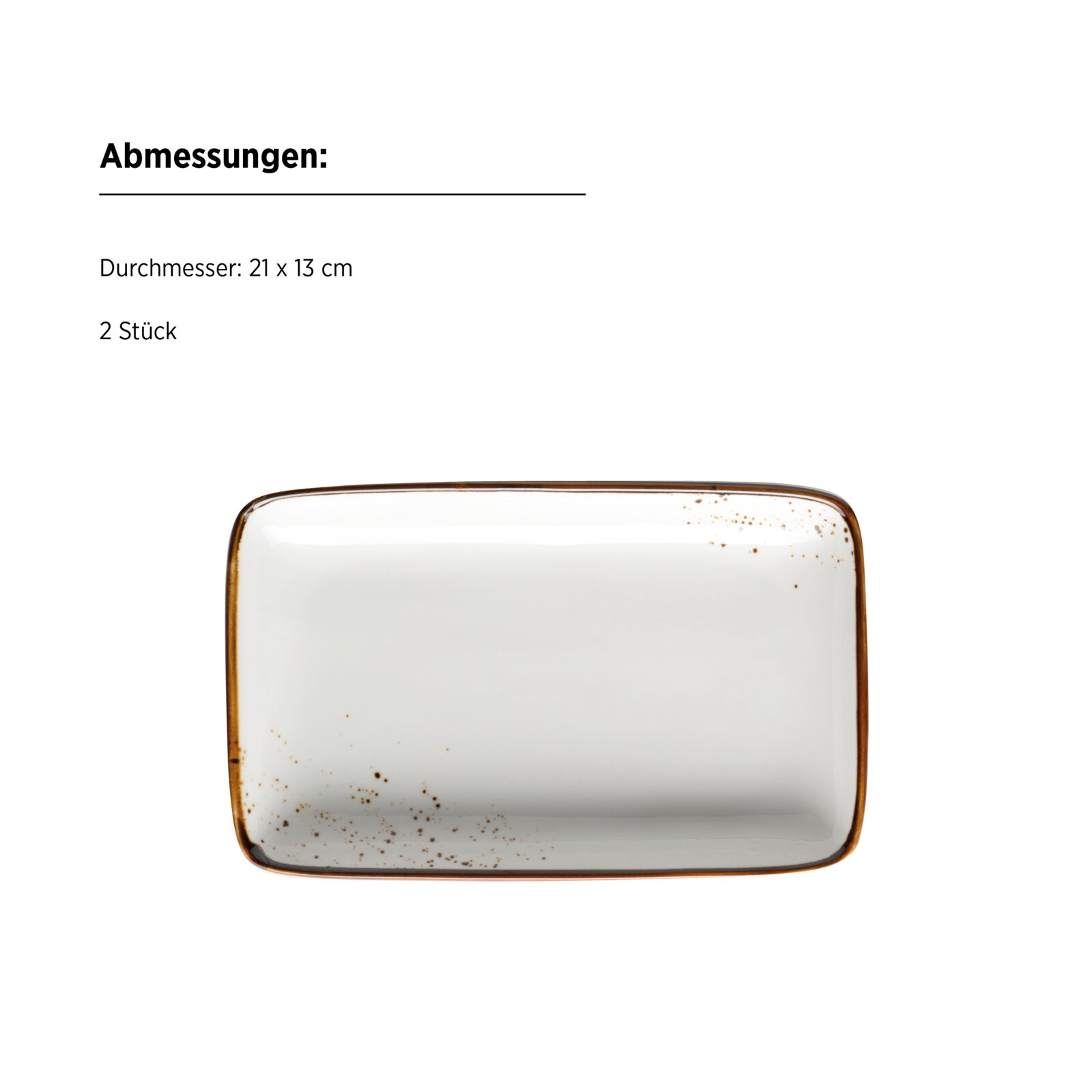 Rechteckiger weißer Keramik-Servierteller mit braunem Rand und feinen Sprenkeln, Maße ca. 21 x 13 cm, in Frontalansicht leicht von oben vor weißem Hintergrund