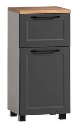 Moderner Unterschrank mit grauer Front und Holzplatte, Frontalansicht